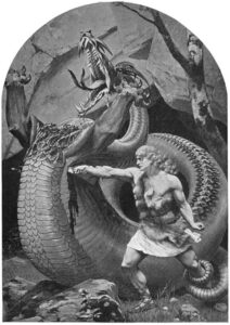 Sigurd killing the dragon, Fafnir, by stabbing him from behind with his sword.