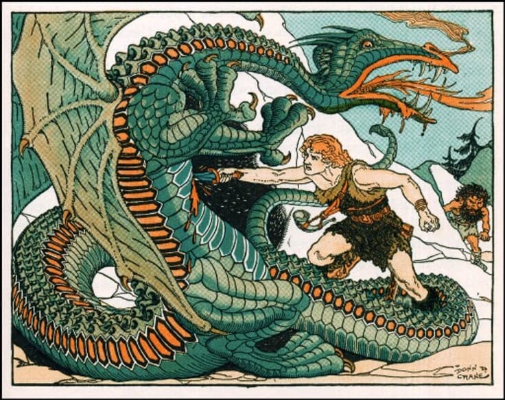 An image of Sigurd slaying Fafnir the dragon. Regin watched on in the background, hiding himself from danger.