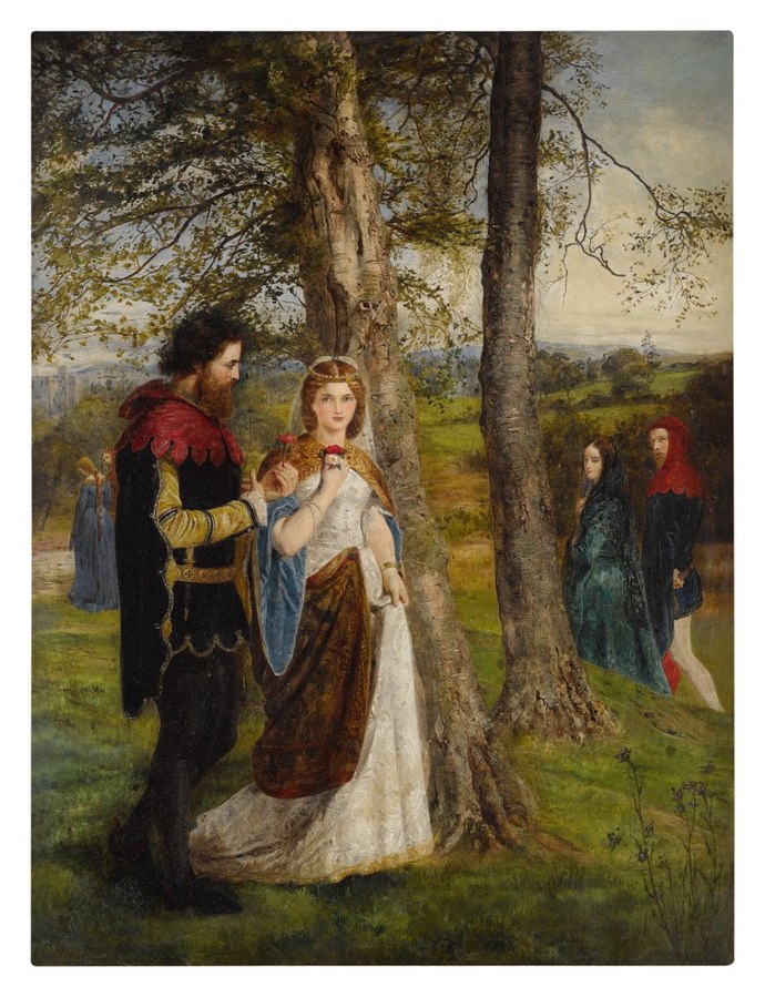 A painting of Sir Lancelot and Queen Guinevere outside taking a stroll by some trees. Both hold flowers and are close to each other. Two couple walk by and the couple closest to them watch with questioning glances.