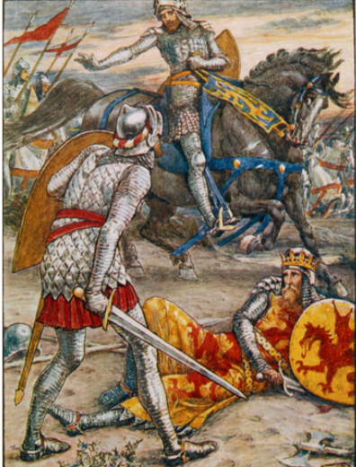 Lancelot, dressed in armour and wearing a red scarf on his helmet (a token from Elaine) stands over Sir Bors as he lies on the ground