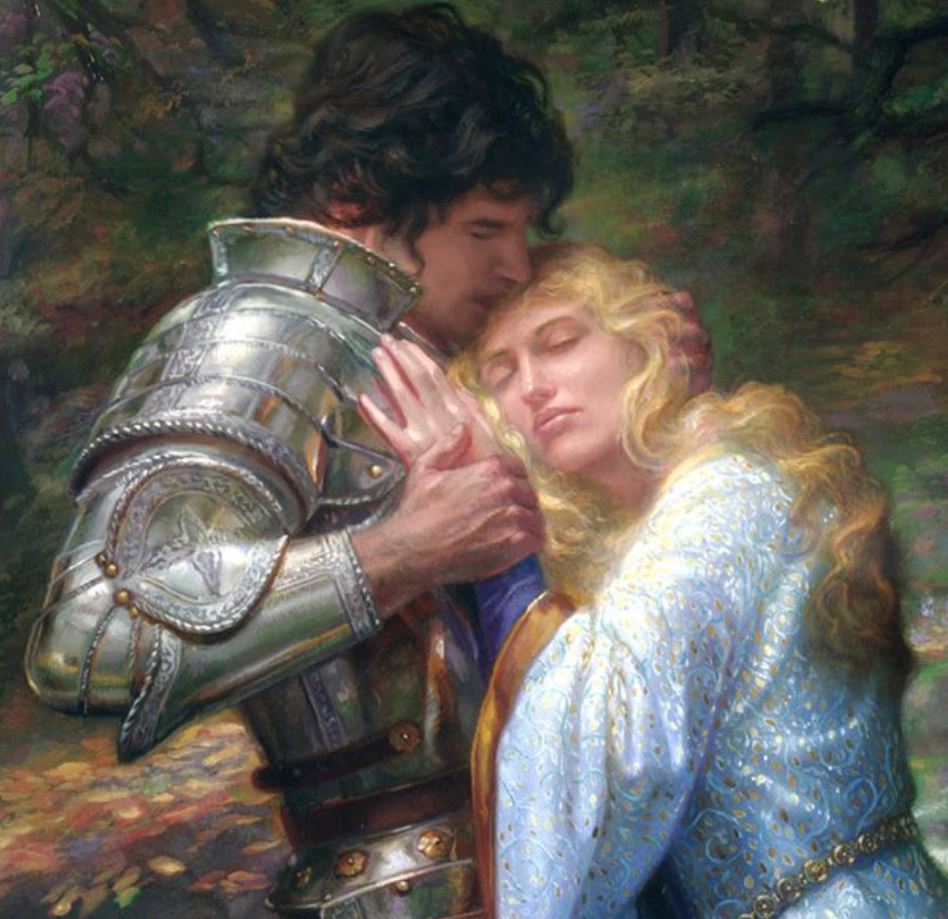 Lancelot, dressed in armour, holds Guinevere, who rests her head on his chest