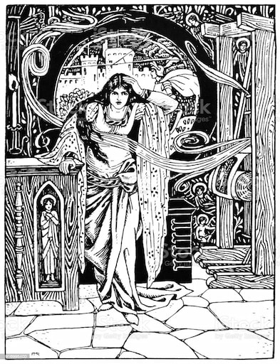A woodcut illustration by Florence M. Rutland of “The Lady of Shalott” by Alfred, Lord Tennyson.