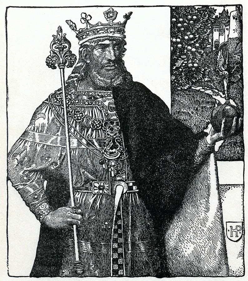 Black and White image of King Arthur in ceremonial royal dress. In his hand is the orb of the cross and in his other is the scepter. His face is stoic and concentrated on the visage outside.