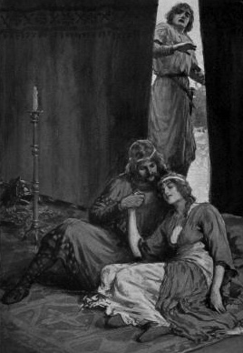 Black and white image of sir Gawain and Ettard huddled close together while Pellas looms behind them and watches from outside what looks like a tent