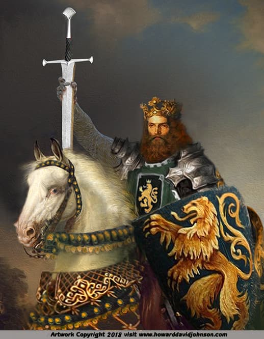 King Arthur on horseback holding Excalibur.