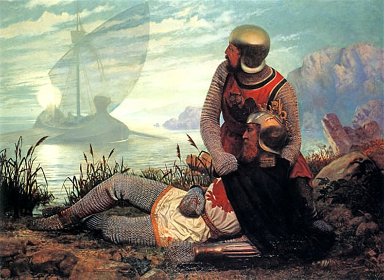 Arthur, mortally wounded and bleeding from his abdomen, lies on the shore in the arms of Sir Bedivere as a boat with many women, including the Lady of the Lake, arrives to shore to carry him away